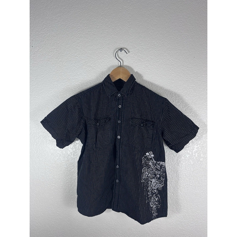 Point Zero Men's Black Pinstripe Short Sleeve Button Up Shirt Graphic Size S